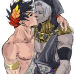  2boys arm_around_neck black_hair black_sclera closed_eyes colored_sclera gorget greek_clothes hades_(game) hood hood_up ing0123 kiss laurel_crown male_focus multiple_boys red_eyes silver_hair thanatos_(hades) topless_male upper_body yaoi zagreus_(hades) 