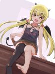  barefoot blonde_hair cosplay demon_tail demon_wings desk grecale_(kancolle) grecale_(kancolle)_(cosplay) highres horns kantai_collection long_hair looking_at_viewer oldman_taketora on_desk satsuki_(kancolle) single_thighhigh sitting sitting_on_desk tail thighhighs twintails wings yellow_eyes 