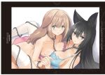  2girls absurdres animal_ear_fluff animal_ears ass bangs bare_shoulders black_hair blue_eyes blush bra breast_press breasts brown_hair cat_ears chain collarbone dog_ears eyebrows_visible_through_hair fingernails green_eyes guilty_princess highres interlocked_fingers long_hair looking_at_viewer medium_breasts multiple_girls non-web_source panties parted_lips shiny shiny_hair simple_background thighhighs tony_taka underwear white_background white_legwear 