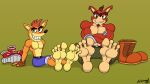  2017 absurd_res activision anthro artist_name bandicoot barefoot clothed clothing crash_bandicoot crash_bandicoot_(series) crossed_arms crunch_bandicoot cybernetic_arm cybernetic_limb digital_media_(artwork) doritohead duo feet foot_fetish foot_focus fur green_background green_eyes hair hi_res looking_at_viewer male mammal marsupial mohawk multicolored_body multicolored_fur muscular muscular_anthro muscular_male orange_body orange_fur pecs red_body red_fur red_hair short_hair signature simple_background sitting smile tan_body tan_fur teeth toes topless topless_anthro topless_male two_tone_body two_tone_fur video_games 