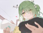  1girl baby_bottle bangs bottle branch breasts ceres_fauna earrings green_hair highres hololive hololive_english horns indoors jewelry kumoi_sora large_breasts leaf looking_at_viewer looking_down mother_and_child nail_polish smile sweater wavy_hair yellow_eyes 