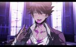  1boy :d artist_name bangs blood blood_from_mouth closed_eyes collarbone criis-chan danganronpa_(series) danganronpa_v3:_killing_harmony eyebrows_visible_through_hair facial_hair facing_viewer goatee hair_between_eyes hand_up indoors jacket letterboxed long_sleeves male_focus momota_kaito open_clothes open_shirt pink_blood pink_jacket shirt smile solo teeth upper_teeth white_shirt window 