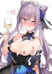  1girl absurdres alcohol bare_shoulders beads black_dress blush breasts breasts_apart champagne clothes_pull clothing_cutout cup detached_collar detached_sleeves dress drinking_glass genshin_impact hair_cones hair_ribbon hand_up heart highres holding keqing_(genshin_impact) keqing_(opulent_splendor)_(genshin_impact) long_hair looking_at_viewer medium_breasts nipples nose_blush one_eye_closed pink_eyes purple_hair ribbon smile solo strapless strapless_dress twintails underboob_cutout upper_body wine_glass xkirara39x 