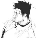  1boy bara bespectacled boku_no_hero_academia car_interior dated endeavor_(boku_no_hero_academia) facial_hair from_above fukurau glasses greyscale large_pectorals looking_to_the_side male_focus mature_male monochrome muscular muscular_male necktie pectorals short_hair sideburns sketch solo spiked_hair stubble upper_body 