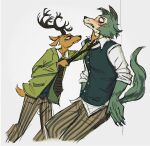  2020 5_fingers anthro antlers beastars blush bodily_fluids canid canine canis cervid claws clothed clothing clothing_pull duo fingers hi_res horn legoshi_(beastars) looking_at_another louis_(beastars) louis_pulling_legoshi male mammal neck_grab necktie necktie_pull simple_background spacemerperson sweat white_background wolf worried 