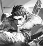  2boys bar_censor bara beard censored chest_tattoo clothes_lift completely_nude cor_leonis couple cum cum_in_mouth erection facial_hair fellatio final_fantasy gladiolus_amicitia greyscale hair_slicked_back in_higashiyama large_pectorals lifted_by_another long_sideburns looking_at_viewer male_focus male_pubic_hair mature_male medium_hair monochrome multiple_boys muscular muscular_male no_male_underwear nude oral pants pectoral_press pectorals pov pov_crotch pubic_hair scar scar_across_eye scar_on_face shirt_lift short_hair sideburns smile solo_focus stubble tattoo thick_eyebrows undercut undressing_another yaoi 