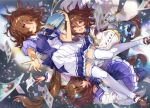  1girl agnes_tachyon_(umamusume) animal_ears bangs blue_bow blue_bowtie blurry blurry_foreground book bow bowtie brown_hair chemical_structure full_body hair_between_eyes highres holding holding_book horse_ears horse_girl labcoat looking_at_viewer messy_hair multiple_views red_eyes short_hair thighhighs umamusume white_legwear yanyo_(ogino_atsuki) 