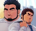  2boys bara black_hair blurry blurry_background brown_hair chef_uniform close-up closed_eyes collared_shirt couple facial_hair frown half-closed_eyes long_sideburns male_focus manly mature_male multiple_boys muscular muscular_male necktie open_mouth original plump shirt sideburns smile spiked_hair teeth terujirou_(masateruteru) thick_eyebrows veins veiny_hands yaoi 