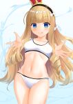  1girl absurdres arms_up azur_lane bed bikini black_hairband blonde_hair blue_eyes blush bra crown eyebrows_visible_through_hair hairband highres long_hair looking_at_viewer lying mini_crown navel on_back pinesphere queen_elizabeth_(azur_lane) solo striped striped_hairband swimsuit underwear wavy_hair white_bra white_swimsuit 