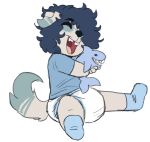  2018 ambiguous_gender anthro archived_source clothed clothing diaper digital_drawing_(artwork) digital_media_(artwork) dipstick_ears dipstick_tail fur gally_(monsterbunny) hair markings monsterbunny multicolored_ears open_mouth plushie shirt simple_background sitting solo tail_markings topwear young 