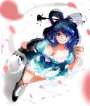  1girl black_footwear blue_dress blue_eyes blue_hair blurry blurry_foreground breasts cake_mogo cleavage clenched_hand closed_mouth commentary_request dress foreshortening frilled_dress frills hair_ornament hair_rings hair_stick highres kaku_seiga looking_at_viewer petals short_sleeves simple_background smile socks solo touhou white_legwear white_shawl 