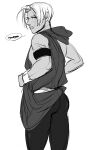 1boy ass bangs dark-skinned_male dark_skin from_behind greek_clothes greyscale hades_(game) highres hood hood_down ing0123 looking_back male_focus monochrome open_mouth parted_bangs spoken_squiggle squiggle thanatos_(hades) 