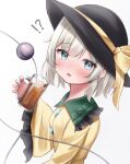  !? 1girl alcohol bangs beer beer_mug black_headwear blue_eyes blush cup eyebrows_visible_through_hair grey_hair hat hat_ribbon highres hire_(uret4788) holding holding_cup komeiji_koishi looking_at_viewer mug open_mouth ribbon short_hair simple_background solo sweatdrop third_eye touhou upper_body white_background yellow_ribbon 