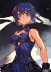  1girl bangs bare_shoulders black_gloves black_skirt blue_eyes blue_hair blue_shirt breasts ciel_(tsukihime) cleavage_cutout closed_mouth clothing_cutout gloves hair_between_eyes hungry_clicker large_breasts looking_at_viewer melty_blood melty_blood:_type_lumina pleated_skirt powered_ciel shaded_face shirt short_hair skirt sleeveless sleeveless_shirt smile solo tsukihime tsukihime_(remake) 