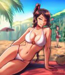  2girls arm_support avatar:_the_last_airbender avatar_(series) azula ball beach beach_mat beach_umbrella bikini blurry blurry_background blush braid braided_ponytail breasts brown_eyes brown_hair cleavage coconut hair_bun heart heart-shaped_pupils high_ponytail holding holding_ball iahfy legs_together looking_at_another looking_at_viewer lying multiple_girls on_side one_eye_closed ponytail red_bikini standing swimsuit symbol-shaped_pupils toned ty_lee umbrella volleyball white_bikini yuri 