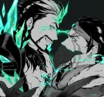  2boys artist_name beard black_hair close-up crown draven ear_piercing earrings facial_hair facial_tattoo fang fire glowing glowing_eyes green_fire hand_on_another&#039;s_face highres iki39236287 jacket jewelry league_of_legends long_hair long_sideburns looking_at_viewer male_focus manly mature_male multiple_boys piercing red_eyes ruined_draven shoulder_pads sideburns smirk spikes stud_earrings tattoo 