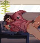  1boy alternate_costume bar_censor bara beard bottle bottomless casual censored couch facial_hair feet_out_of_frame final_fantasy flaccid gladiolus_amicitia hair_slicked_back highres holding holding_bottle hood hoodie indoors long_sideburns looking_at_viewer lying male_focus male_pubic_hair mature_male medium_hair muscular muscular_male on_couch on_side pectorals penis pink_hoodie plant pubic_hair scar scar_across_eye scar_on_face sideburns solo spread_legs stubble sunlight thighs tokumei_wombat undercut 