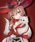 1girl absurdres animal animal_ears arknights bangs belt blue_eyes breasts brown_hair cat cat_ears chinese_commentary cleavage commentary_request drop_shadow ears_through_headwear elbow_gloves eyebrows_visible_through_hair gloves hair_between_eyes heidi_(arknights) highres holding holding_animal holding_cat large_breasts long_hair looking_at_viewer red_gloves red_headwear sandianshuide_rain smile solo upper_body white_belt white_cat 