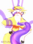  3_toes animated anthro bandai_namco big_breasts bodily_fluids bound breasts claws digimon digimon_(species) feet female fur genitals intersex intersex/female mituni_(artist) open_mouth pussy renamon simple_background solo tentacle_sex tentacles toes white_body white_fur yellow_body yellow_fur 