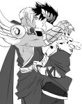  2boys black_nails closed_eyes gauntlets gorget greek_clothes greyscale hades_(game) highres ing0123 kiss laurel_crown male_focus monochrome multiple_boys single_gauntlet skull thanatos_(hades) yaoi zagreus_(hades) 