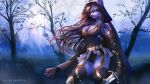  anthro armor blue_body blue_fur bulf canid canine canis cloak clothing female forest fur hair hybrid invalid_background lagomorph leporid mammal melee_weapon plant rabbit red_hair sadbitch solo solo_focus sword tree weapon wolf 