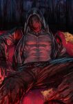  1boy abs bara blood dark dead_by_daylight embers fire gloves haiki_(tegusu) hand_on_weapon highres hood hoodie jacket looking_at_viewer lying male_focus manly mask mature_male muscular muscular_male navel neck_tattoo nipples on_back open_clothes open_jacket pants pectorals solo spread_legs tattoo the_legion_(dead_by_daylight) unzipped weapon 