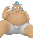  2022 anthro belly big_belly blue_hair bodily_fluids bulge clothing cum cum_on_hand genital_fluids gouryou gumpang0 hair hi_res kemono lifewonders male mammal moobs nipples overweight overweight_male simple_background sitting solo suid suina sus_(pig) tokyo_afterschool_summoners underwear video_games white_background wild_boar 