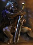  amberdrop anthro big_(disambiguation) blaidd_(elden_ring) canid canine canis clothing coat elden_ring fromsoftware genitals hi_res knight light looking_at_viewer male mammal melee_weapon partial_nudity penis solo solo_focus sword topwear video_games warm_colors warrior weapon were werecanid werecanine werewolf wolf 