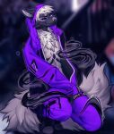  2022 angiewolf anthro black_body black_fur bottomwear canid canine clothing footwear fox fur hoodie male mammal number pants plantigrade purple_bottomwear purple_clothing purple_eyes purple_hoodie purple_pants purple_topwear shoes smile solo topwear 