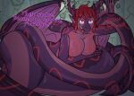  absurd_res after_transformation anthro apode breasts claws colored detailed_background dialogue draconcopode english_text female growth hair hi_res horn horn_growth legless membrane_(anatomy) membranous_wings naga purple_body purple_eyes red_hair reptile ruins scalie serpentine snake solo spade_tail text transformation volkaiju wings 