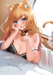  1girl :o absurdres animal_ear_fluff animal_ears aoi_kurora bangs bell black_bra black_choker blonde_hair blush bra breasts cat_ears cat_girl cat_tail choker cleavage ear_piercing eyebrows_visible_through_hair hand_on_own_cheek hand_on_own_face head_rest highres jingle_bell large_breasts long_hair neck_bell on_bed original paw_hair_ornament paw_pose piercing solo tail under_covers underwear window 