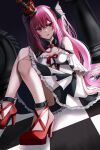  1girl bangs bare_shoulders belt chessboard crown eyebrows_behind_hair eyebrows_visible_through_hair floor high_heels highres long_hair looking_at_viewer nicky_w open_mouth original red_eyes red_hair sitting skirt solo twintails 