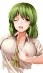  1girl absurdres ascot breasts cleavage collared_shirt commentary_request green_hair highres kamiya_ueshi kazami_yuuka large_breasts one_eye_closed open_mouth red_eyes shirt short_hair short_sleeves teeth touhou uncomfortable undressing unfinished upper_body upper_teeth white_shirt yellow_ascot 