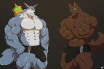  2022 abs anatake anthro anubian_jackal barazoku biceps big_bulge big_muscles brown_background bulge canid canine canis claws clothing crossed_arms duo fur genital_outline hi_res huge_bulge huge_muscles jackal league_of_legends looking_at_viewer male mammal muscular muscular_anthro muscular_male nasus_(lol) navel nipples obliques pecs penis_outline quads riot_games scar simple_background smile standing teeth thick_thighs tuft underwear video_games warwick_(lol) wolf 