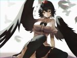  1girl bird_wings black_bow black_bowtie black_hair black_legwear black_ribbon black_skirt black_wings bow bowtie breasts collared_shirt feathers frilled_skirt frills hat highres large_breasts looking_at_viewer naufaldreamer neck_ribbon pom_pom_(clothes) red_eyes ribbon shameimaru_aya shirt simple_background sitting skirt smile solo thighhighs tokin_hat touhou white_background white_shirt wings yokozuwari 