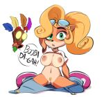  2021 activision aku_aku anthro bandicoot big_breasts blonde_hair bottomwear bottomwear_down breasts clothed clothing coco_bandicoot crash_bandicoot_(series) dialogue duo eyewear eyewear_on_head female front_view gametimeasia genitals goggles goggles_on_head green_eyes hair hand_behind_head hi_res kneeling looking_at_viewer male mammal marsupial nipples open_mouth overalls pants pants_down partially_clothed pubes pussy raised_clothing raised_shirt raised_topwear shirt t-shirt text topwear video_games 