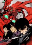  3boys absurdres black_eyes black_hair black_jacket collared_shirt getter-1_(devolution) getter_robo getter_robo_devolution head_tilt highres jacket jin_hayato_(devolution) male_focus mecha multiple_boys musashi_tomoe_(devolution) nagare_ryoma_(devolution) purple_shirt red_eyes science_fiction shimoguchi_tomohiro shirt smile super_robot v-shaped_eyebrows yellow_shirt 