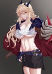  1girl absurdres artoria_pendragon_(fate) artoria_pendragon_(lancer_alter)_(fate) bangs black_skirt blonde_hair braid breasts cleavage cloak closed_mouth collarbone eyebrows_visible_through_hair fate/grand_order fate_(series) feet_out_of_frame freed_turing grey_background highres large_breasts long_hair looking_at_viewer navel purple_cloak sarashi skirt solo standing stomach yellow_eyes 