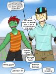  alligator alligatorid anthro bicycle_helmet clothed clothing comic crocodilian dialogue diego_abel duo elbow_pads english_text felid fully_clothed fuze hi_res male mammal pantherine polo_shirt reptile scalie shirt tank_top texnatsu text topwear 