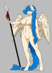  5_fingers absurd_res anthro ashley-arctic-fox blue_eyes blue_hair blue_tail braided_hair braided_tail breasts equid equine fan_character feathered_wings feathers female fingers genitals hair hasbro hi_res inner_ear_fluff long_hair mammal melee_weapon my_little_pony navel nipples nude pegasus polearm pussy spear spread_wings standing tan_body tuft weapon wings 