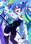  absurdres ass_visible_through_thighs blue_eyes blue_hair bodysuit breasts eyebrows_visible_through_hair feet_out_of_frame gloves goodsmile_racing hair_between_eyes hatsune_miku highres long_hair long_sleeves looking_at_viewer medium_breasts open_mouth racing_miku racing_miku_(2022) single_thighhigh teeth thighhighs tongue twintails very_long_hair vocaloid yuigahama_(user_nevh3547) 