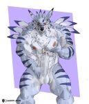  abs anthro balls bandai_namco big_penis bodily_fluids canid canine cum cum_on_self digimon digimon_(species) dog_tags ear_piercing erection genital_fluids genitals hi_res humanoid_genitalia humanoid_penis lazzyd0g looking_at_viewer male mammal muscular muscular_anthro muscular_male nipples pecs penis piercing scar simple_background solo weregarurumon yellow_eyes 