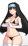  1girl :o absurdres bikini black_bikini black_hair black_veil breasts cameltoe cowboy_shot elbow_gloves en&#039;en_no_shouboutai fingers_together gloves highres hioyami large_breasts long_hair looking_at_viewer navel nun open_mouth own_hands_together simple_background skindentation slit_pupils solo stomach swimsuit tamaki_kotatsu white_background white_gloves wide_hips yellow_eyes 