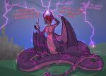  absurd_res after_transformation anthro apode breasts colored demon dialogue draconcopode english_text female grin hi_res horn hybrid legless macro membrane_(anatomy) membranous_wings naga nude purple_body red_eyes reptile scalie serpentine smile snake solo spade_tail text thunder volkaiju wings 