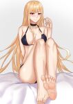  1girl absurdres arm_behind_back bangs bare_legs bare_shoulders barefoot bed bikini black_bikini black_swimsuit blonde_hair blush breasts closed_mouth collarbone eyebrows_visible_through_hair feet foot_focus freed_turing hand_in_own_hair highres kitagawa_marin legs long_hair looking_at_viewer medium_breasts red_eyes sitting smile soles solo sono_bisque_doll_wa_koi_wo_suru swimsuit toes white_background 