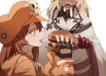  2girls bangs belt black_gloves blonde_hair brown_eyes brown_hair burger cape commentary dark-skinned_female dark_skin eating english_commentary fingerless_gloves food gloves guilty_gear guilty_gear_strive hat head_out_of_frame highres hood hood_down hoodie kurokiri6630 long_hair long_sleeves may_(guilty_gear) multiple_girls open_mouth orange_headwear pirate_hat ramlethal_valentine saliva sharp_teeth short_shorts shorts simple_background skull_and_crossbones teeth thigh_strap white_shorts 