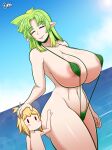  absurd_res age_difference areola big_breasts bikini blonde_hair breasts clothing duo elf female green_hair hair hi_res huge_breasts humanoid larger_female navel normi not_furry older_female size_difference sling_bikini swimwear 