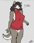 anthro black_hair blush bottomless breasts canid canine canis clothed clothing dialogue female fiercedeitylynx fur grey_body grey_fur hair hair_over_eye half-closed_eyes hi_res mammal mature_female melanie_(fiercedeitylynx) meme meme_clothing narrowed_eyes nipple_slip one_eye_obstructed smile solo sweater sweater_only topwear topwear_only virgin_killer_sweater wolf 