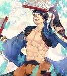  1boy abs belt_buckle blue_headwear brown_eyes buckle bug butterfly collarbone fingerless_gloves folding_fan glasses gloves guilty_gear guilty_gear_strive hand_fan highres japanese_clothes male_focus mito_anji muscular muscular_male pectoral_cleavage pectorals rolling_anco short_hair simple_background smile solo_focus white_background wide_sleeves 