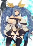  1girl angel_wings ass_visible_through_thighs asymmetrical_wings belt black_legwear black_panties blue_hair breasts choker cleavage collarbone detached_collar detached_sleeves dizzy_(guilty_gear) eyebrows_visible_through_hair guilty_gear guilty_gear_xrd hair_ribbon hair_rings highres large_breasts looking_at_viewer midriff monster_girl navel open_mouth panties red_eyes ribbon rolling_anco sidelocks skindentation stomach tail tail_ornament tail_ribbon thick_thighs thigh_gap thigh_strap thighhighs thighs twintails underwear wings yellow_ribbon 